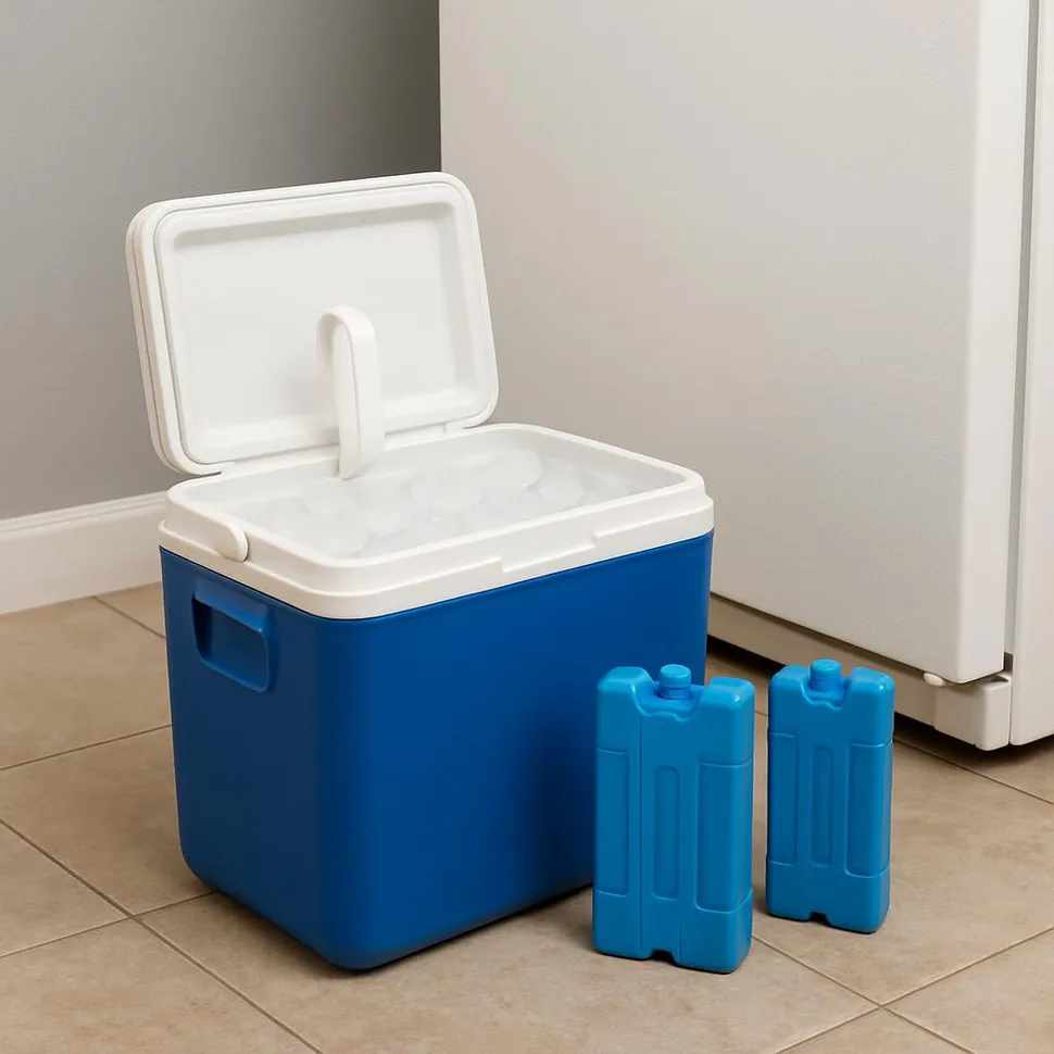 Cooler with ice packs prepped beside a freezer