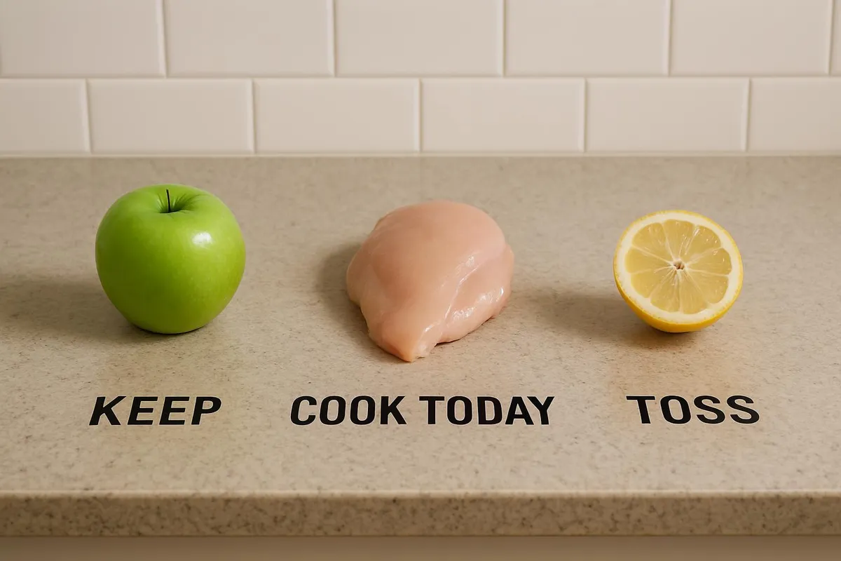 Countertop with three labeled zones: Keep, Cook Today, Toss