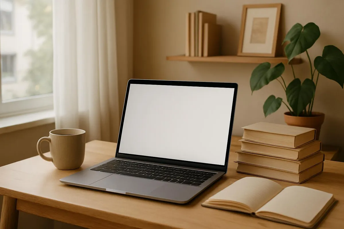 Cozy and aesthetic home workspace with laptop, books, and coffee mug