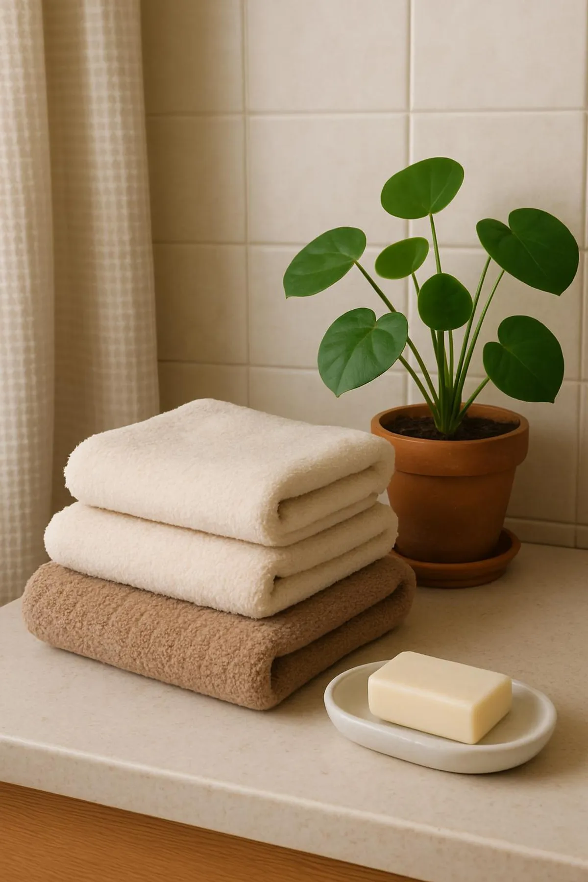 Cozy bathroom scene with towels, a plant, and a soap dish