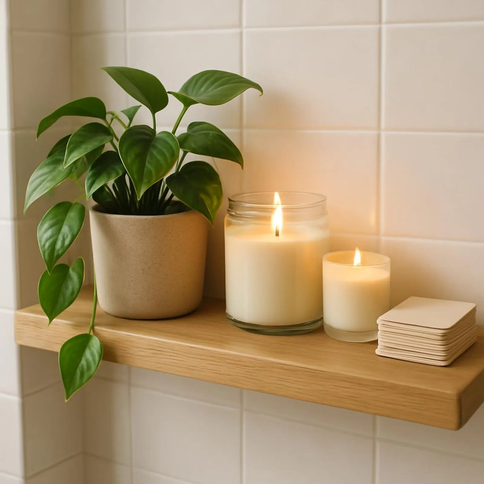 Cozy bathroom shelf with plant, candles, and neatly arranged notes