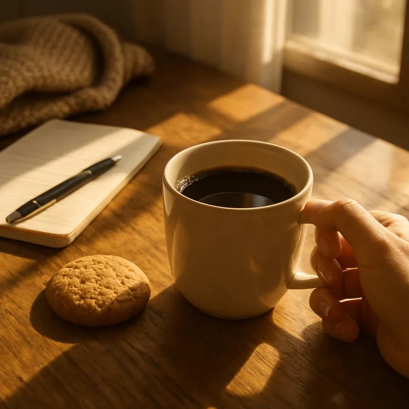 Cozy coffee break moment with sunlight