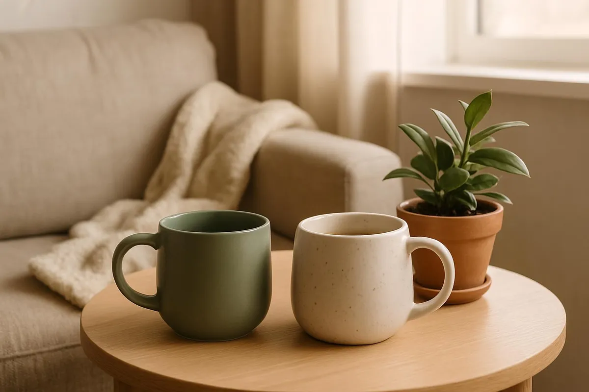 Cozy coffee corner with two favorite mugs and a small plant.