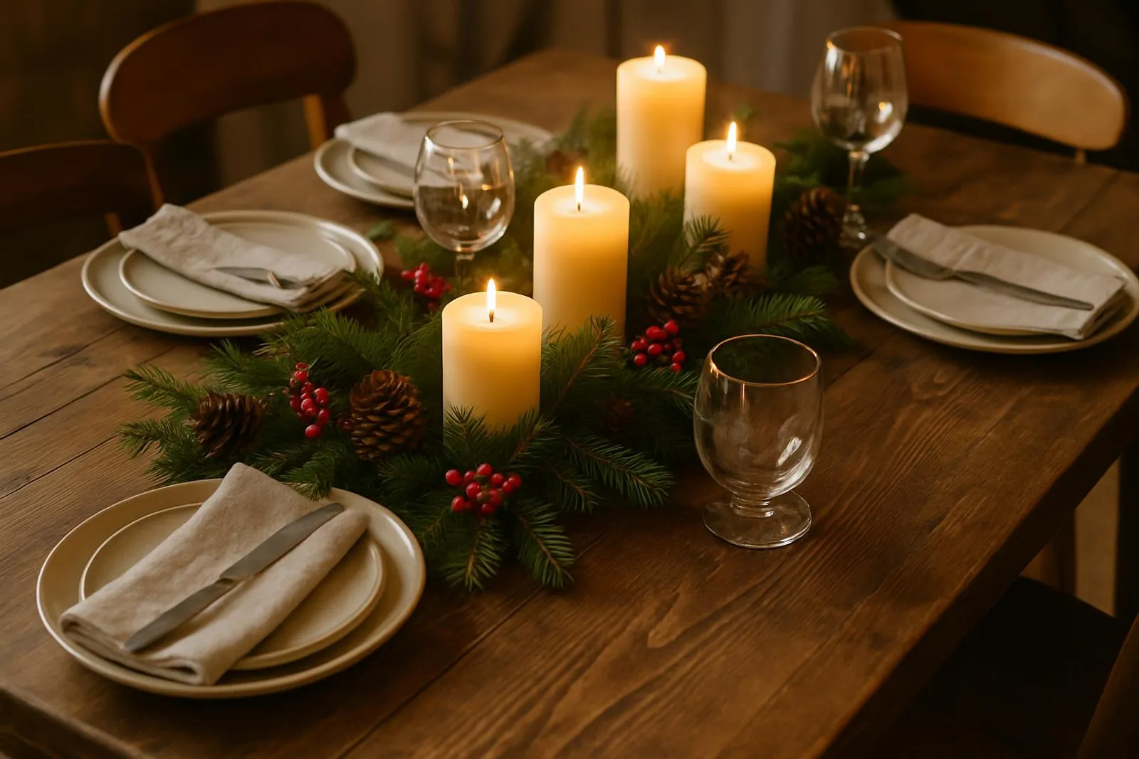 Cozy holiday table set with candles, greenery, and reusable dishware