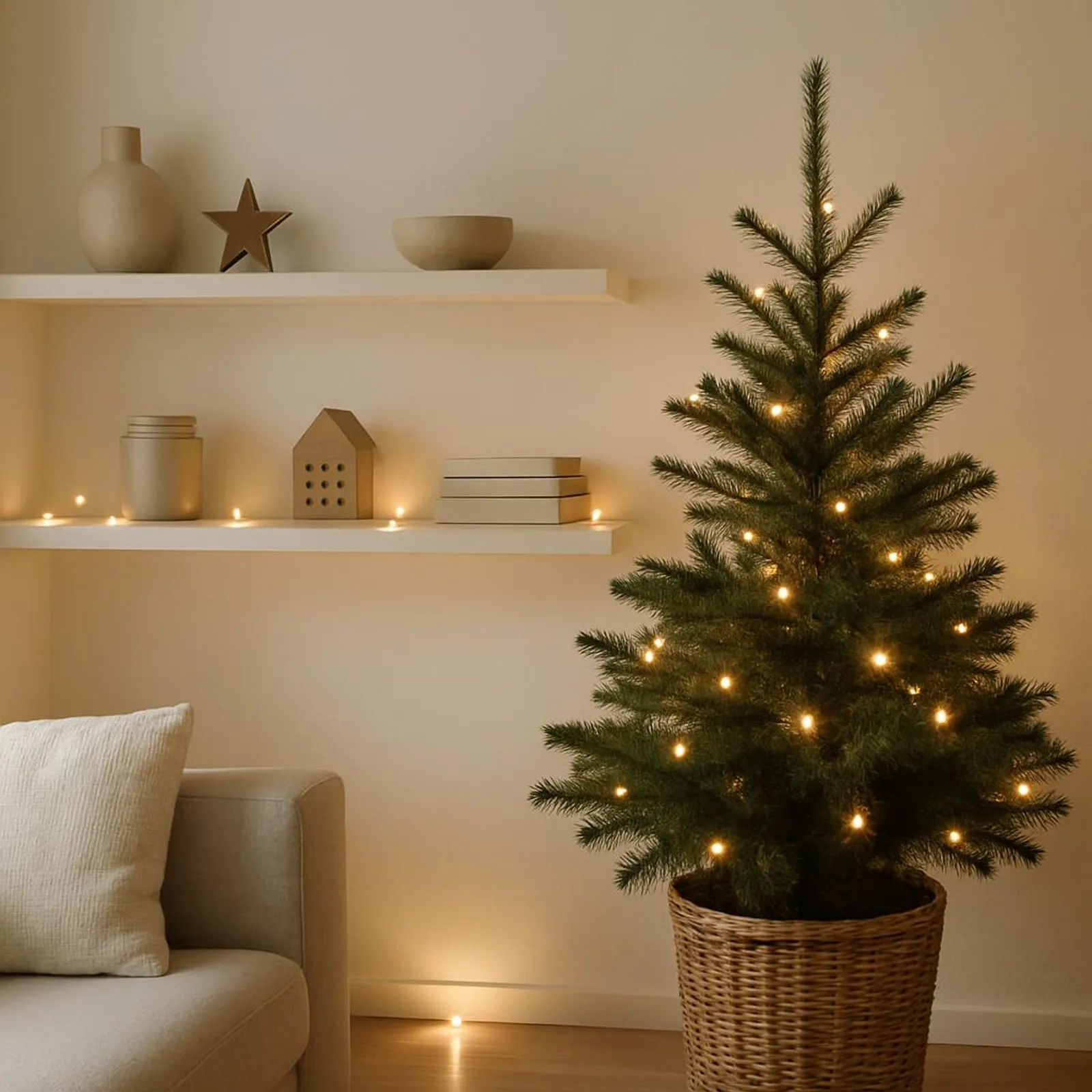 Cozy minimal holiday decor: a small tree, warm lights, and uncluttered shelves.