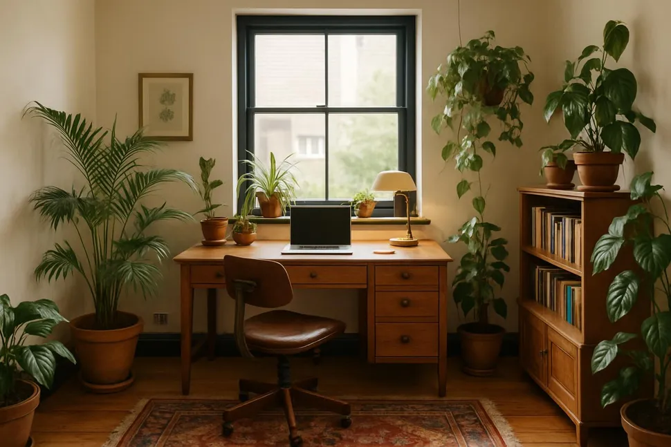 Cozy office with plants and vintage furniture