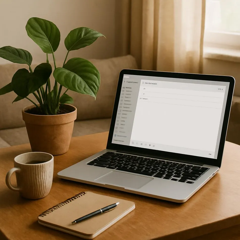 Cozy workspace with laptop and plant, inviting to write emails