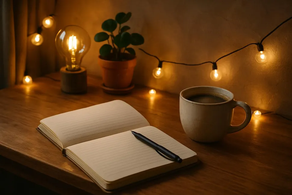 Cozy workspace with notebook, coffee, and warm lights