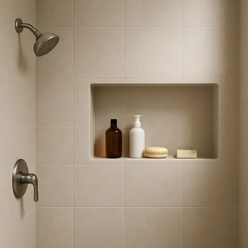 Decluttered shower with a single shelf of bath items