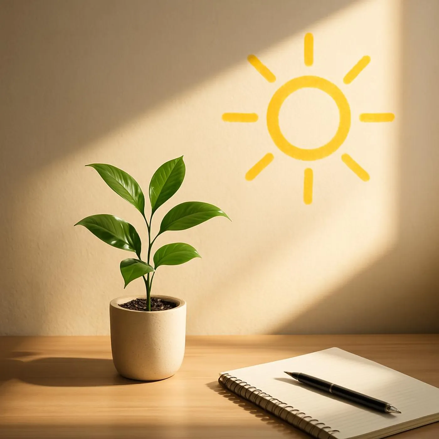 Desk with a small plant and sunlight symbolizing an energizing reset