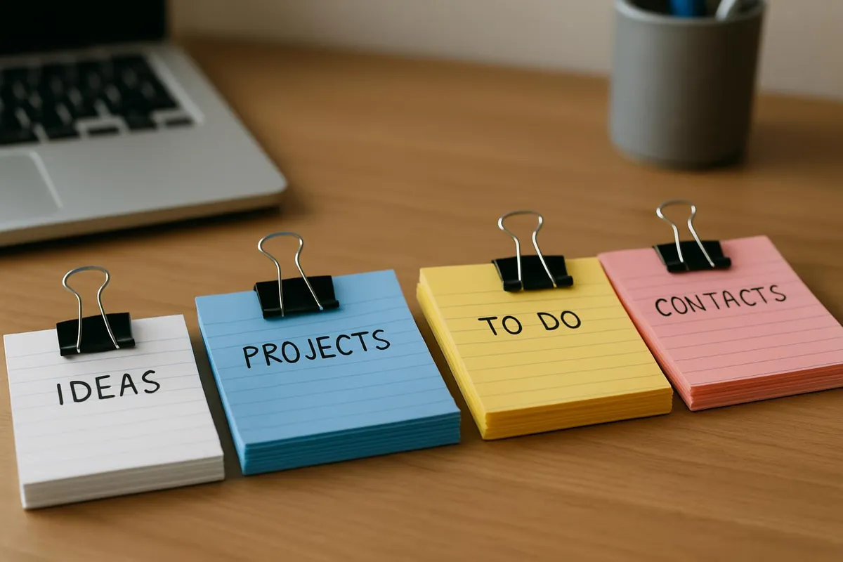 Desk with index cards clipped and color-coded by category