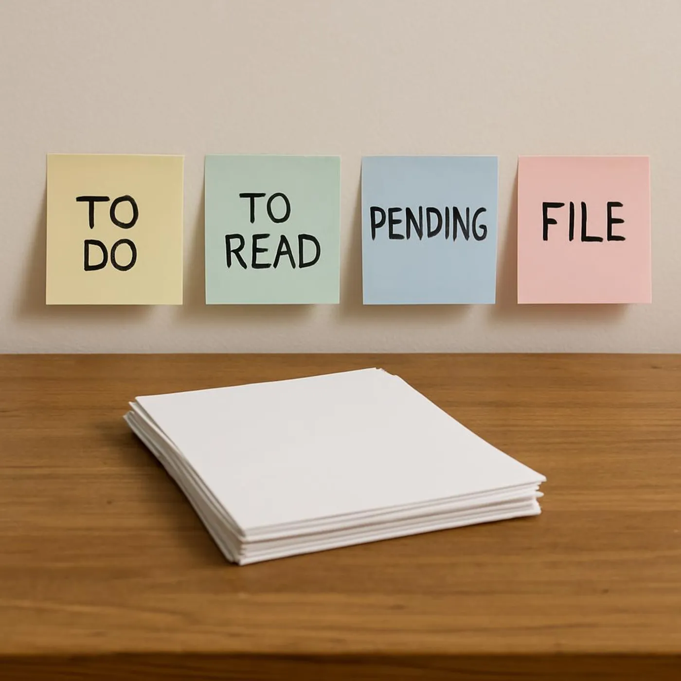 Desk with sticky notes and simple labels for paper triage