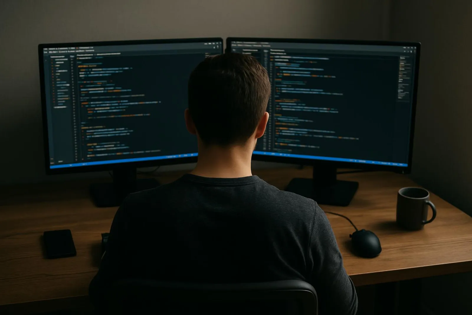 Developer desk with dual monitors focused on code, representing deep work