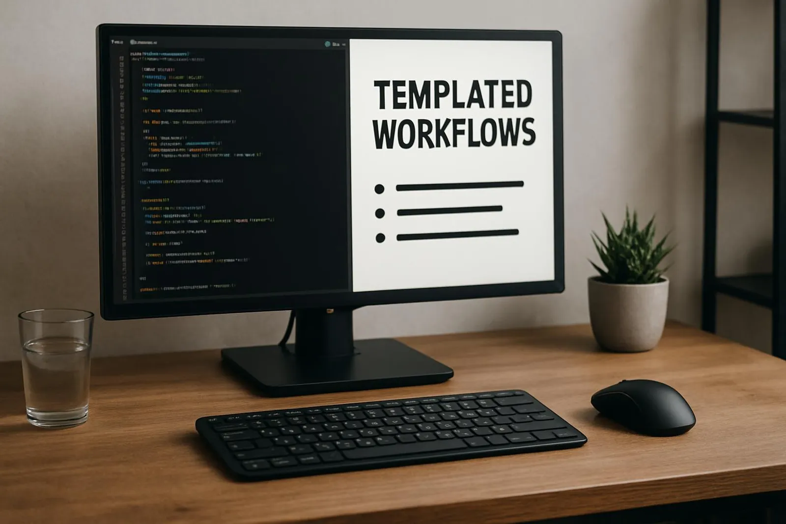Developer-style desk with code and text—a metaphor for templated workflows
