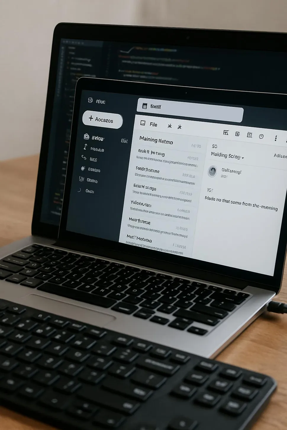 Developer workspace with email client and keyboard