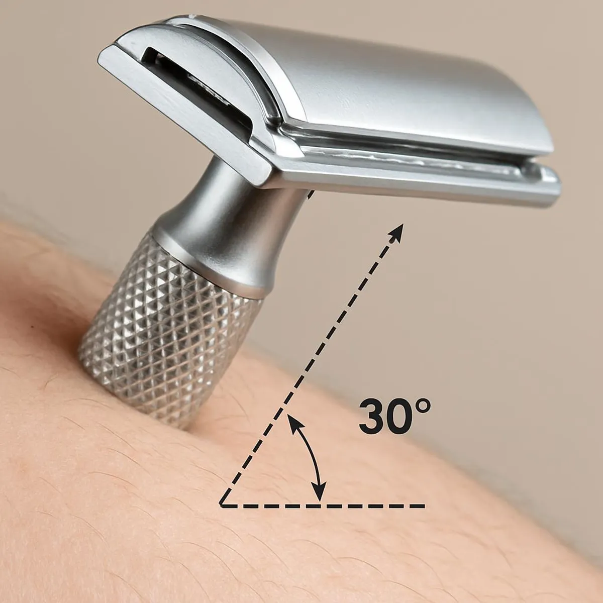 Diagram showing a 30-degree safety razor angle against skin