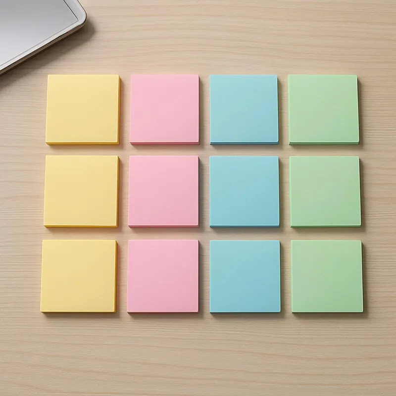 Different colored sticky notes organized neatly on a desk