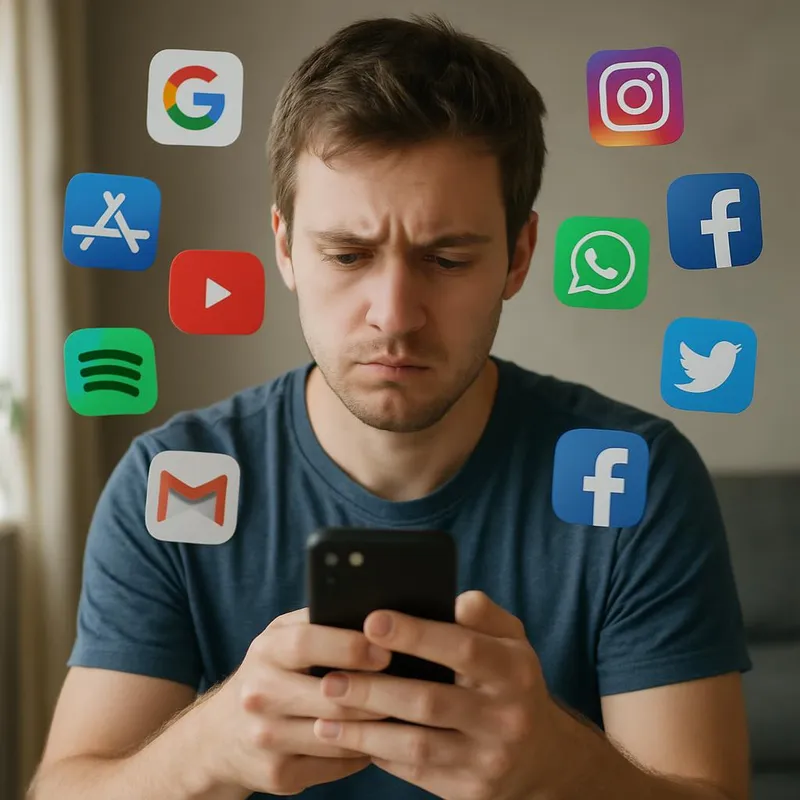 Distracted person scrolling through phone surrounded by multiple apps