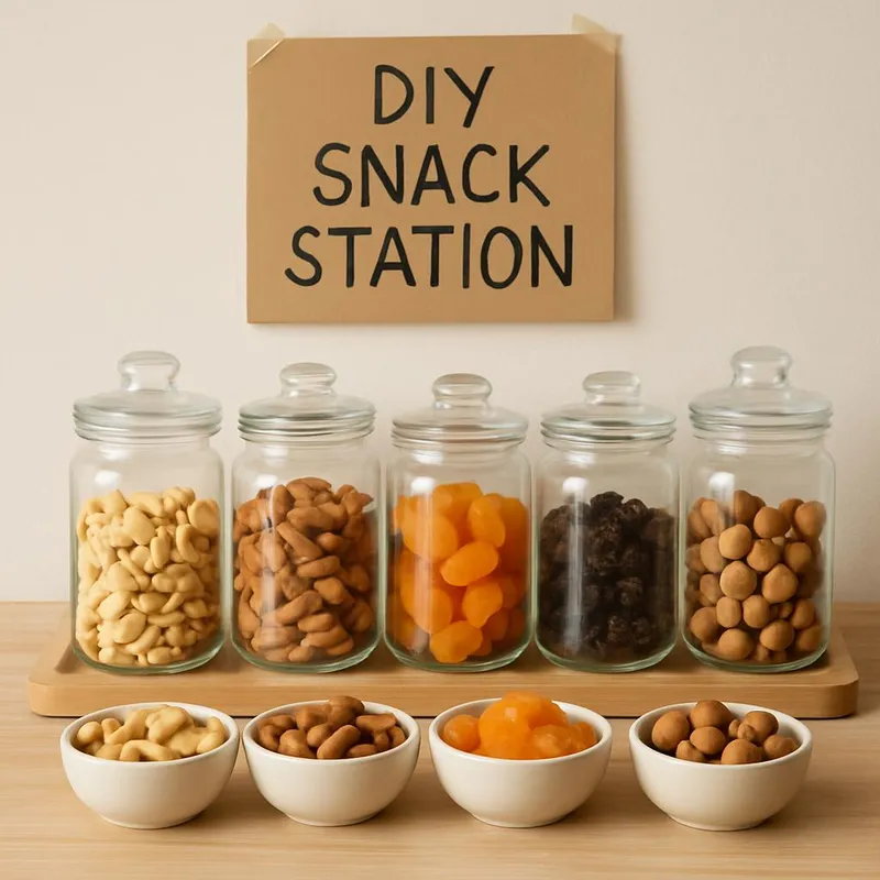 DIY snack station with nuts, dried fruit, and glass storage jars