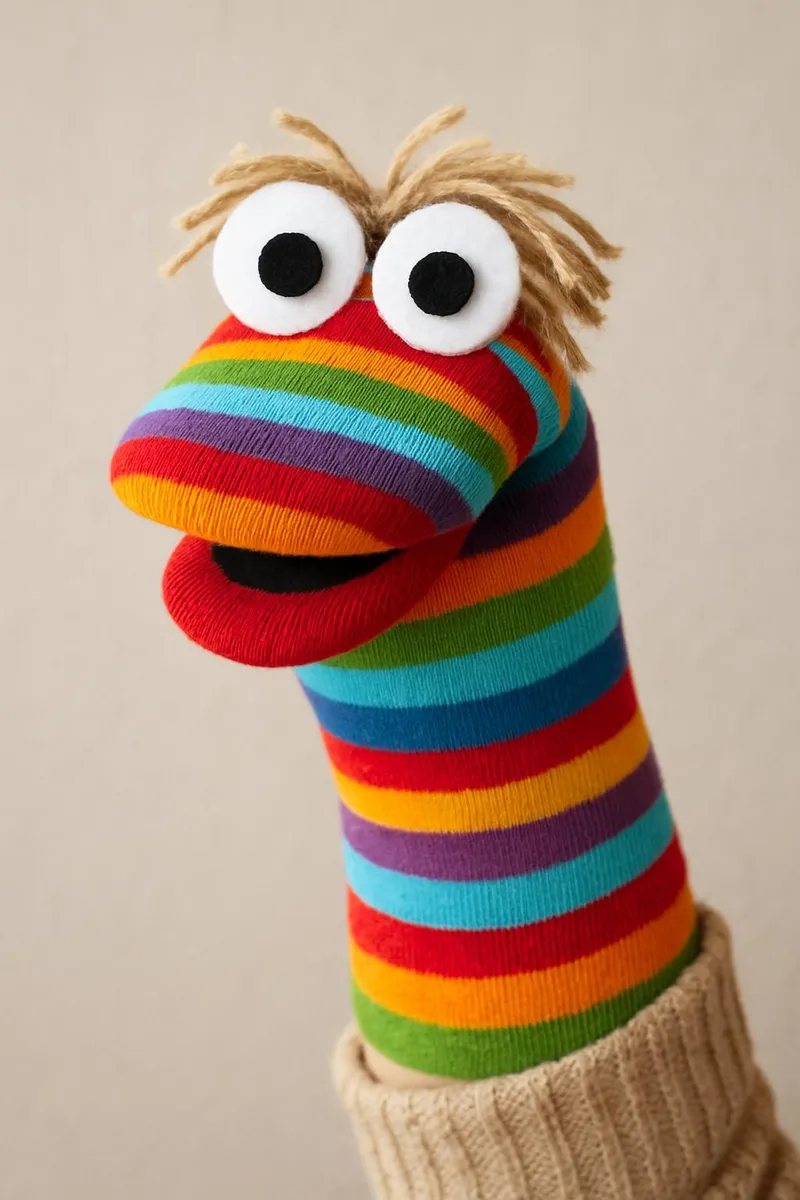 DIY sock puppet made from a colorful striped sock