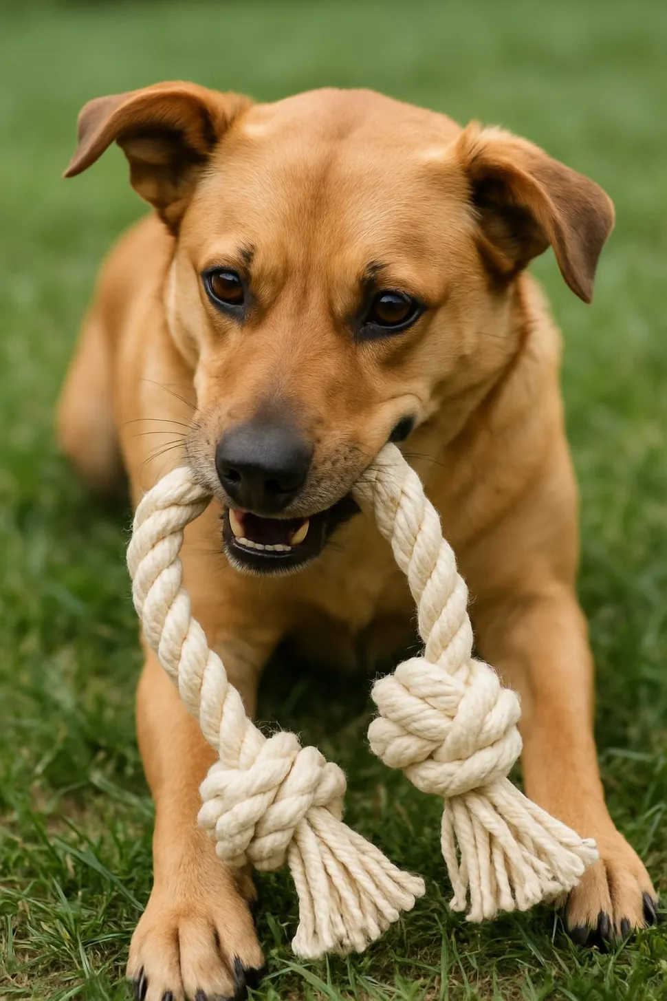 Dog playing with a natural hemp rope toy