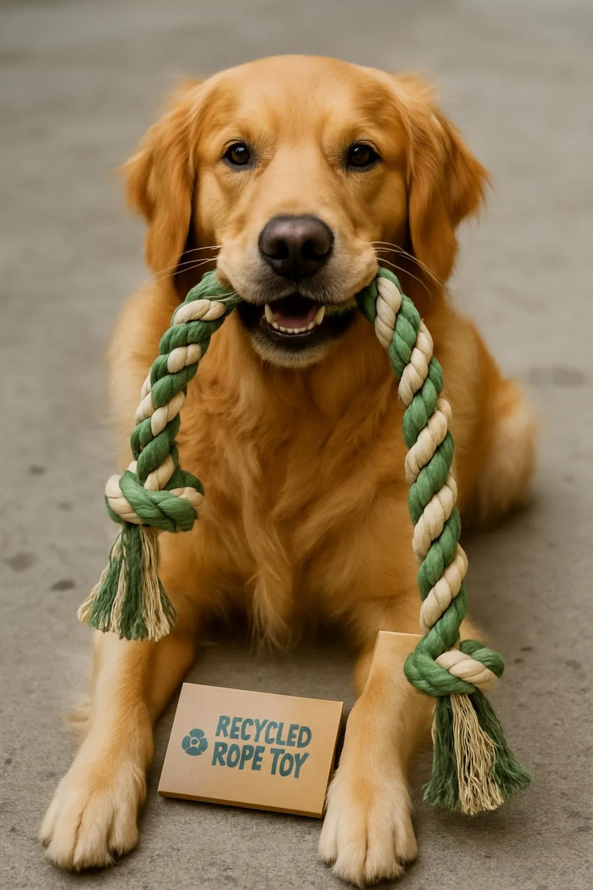 Dog with a recycled rope toy and eco-friendly packaging