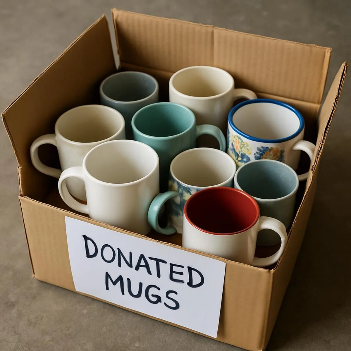 Donated mugs in a box, ready to be given a second life.