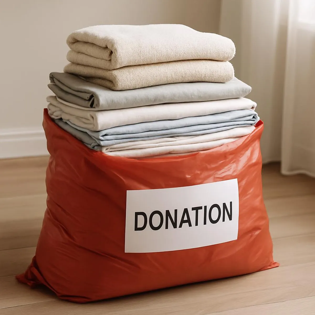 Donation bag filled with folded linens and towels