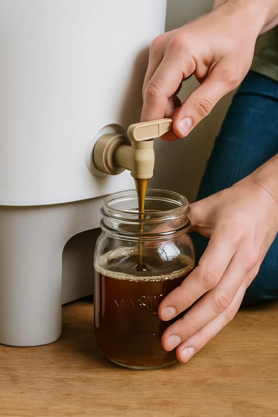 Draining bokashi tea from the bucket spigot into a jar