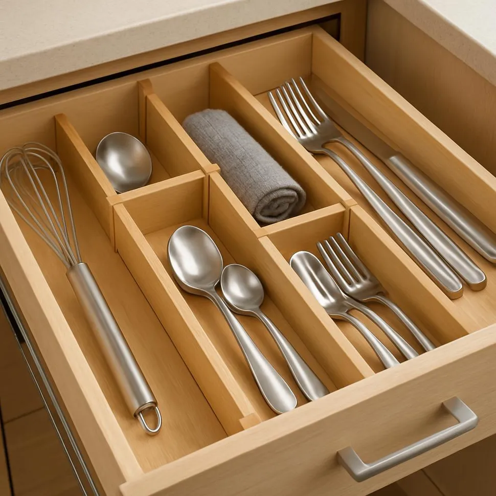 Drawer with adjustable bamboo dividers neatly separating items