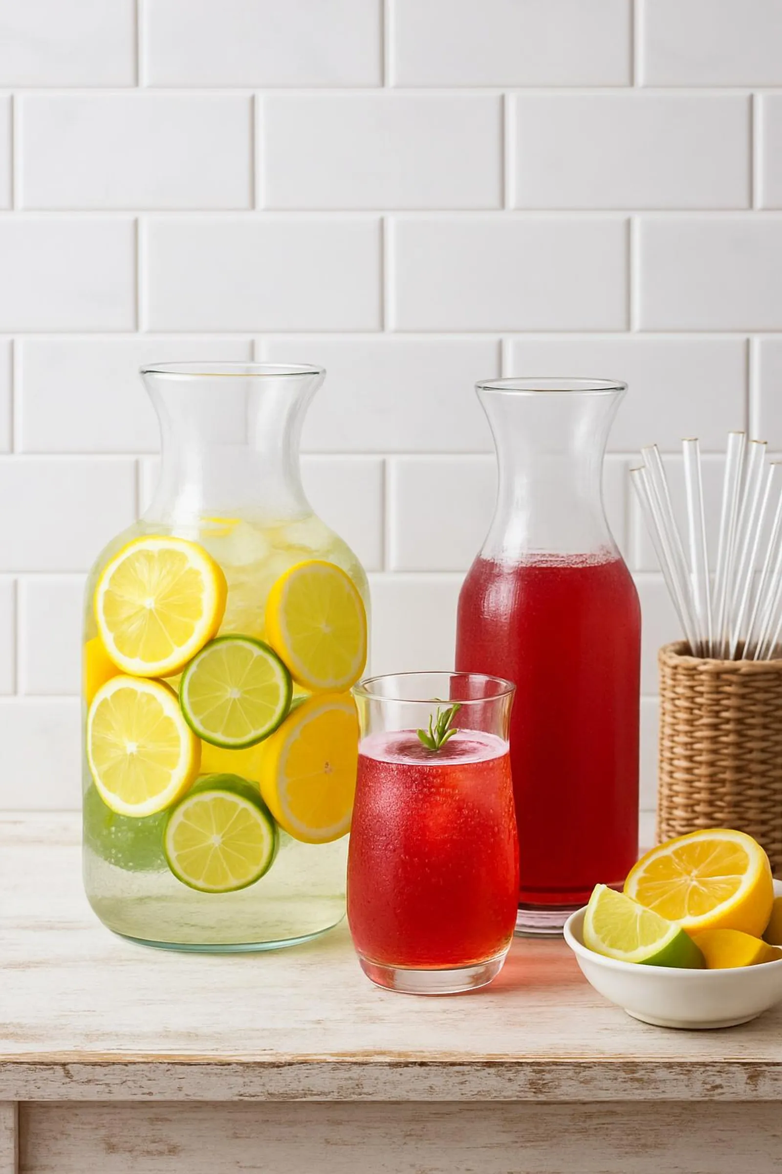Drink station with citrus-infused water and a cranberry spritz in glass carafes