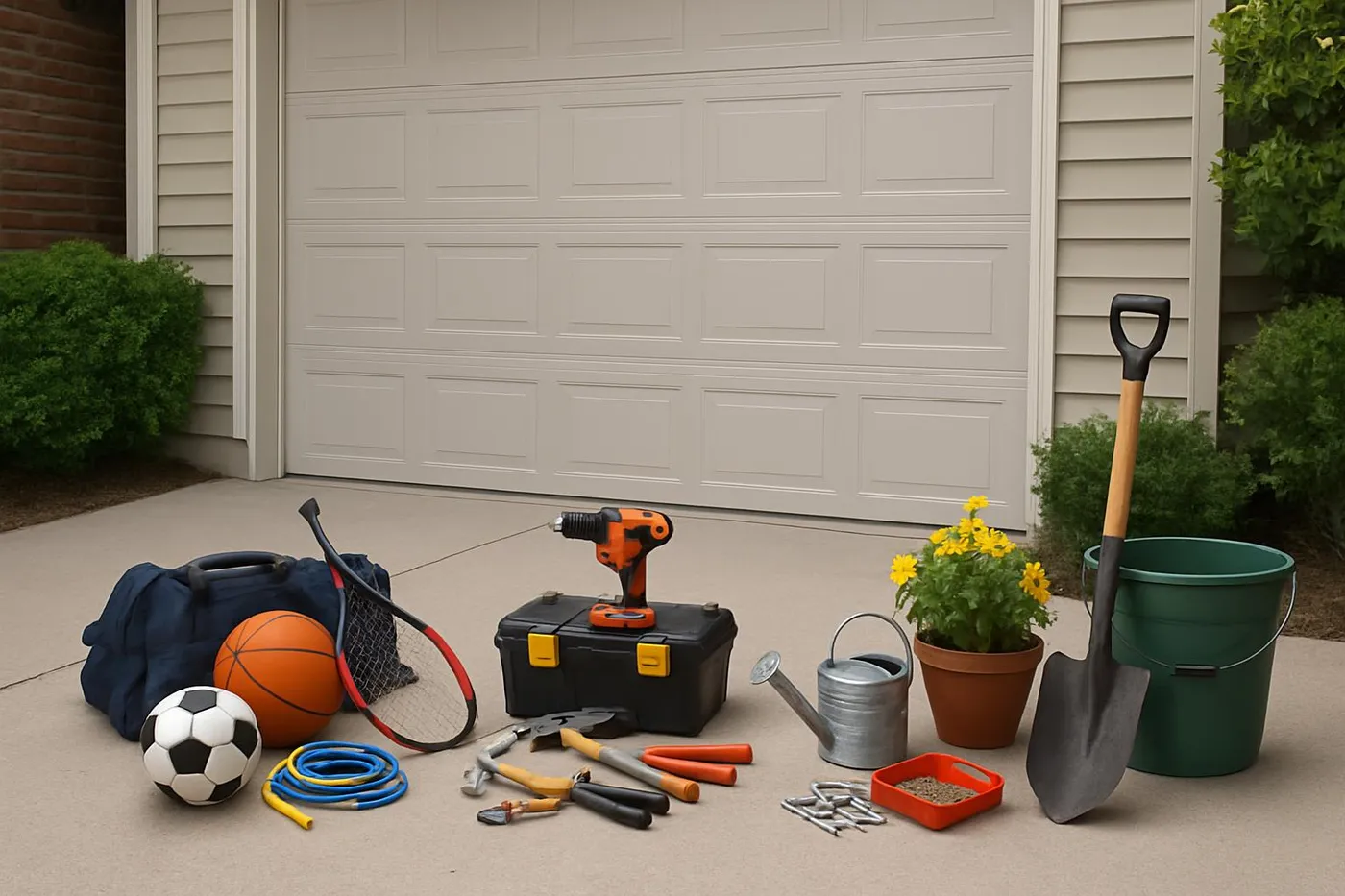 Driveway staging with items sorted into piles by category: sports gear, tools, gardening