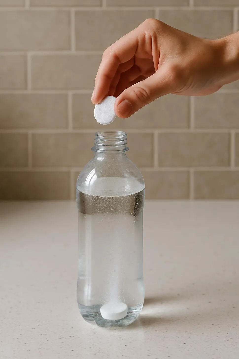 Dropping a cleaning tablet into a bottle of water