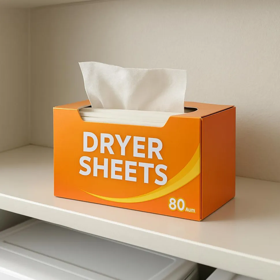 Dryer sheets in a box on a laundry shelf