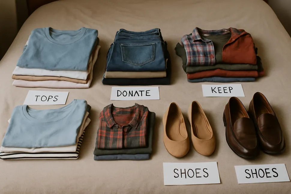 During: items sorted on a bed into labeled piles