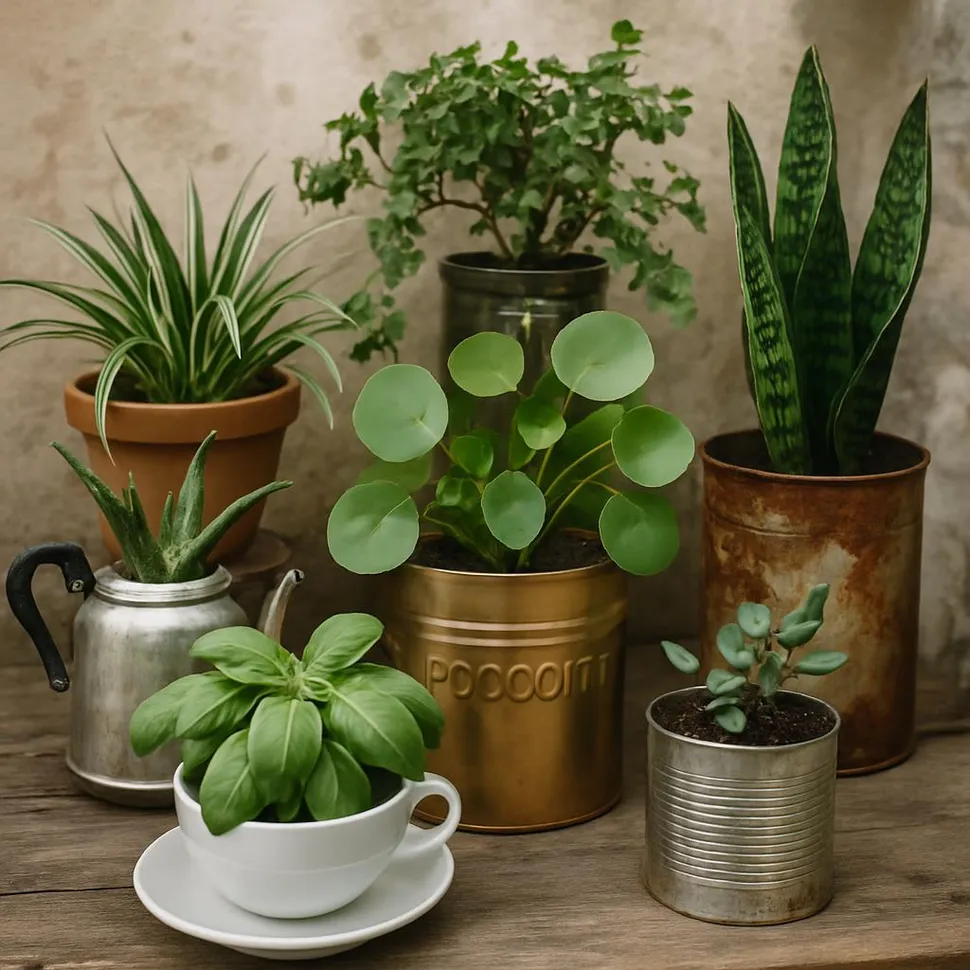 Eclectic collection of plants in upcycled containers
