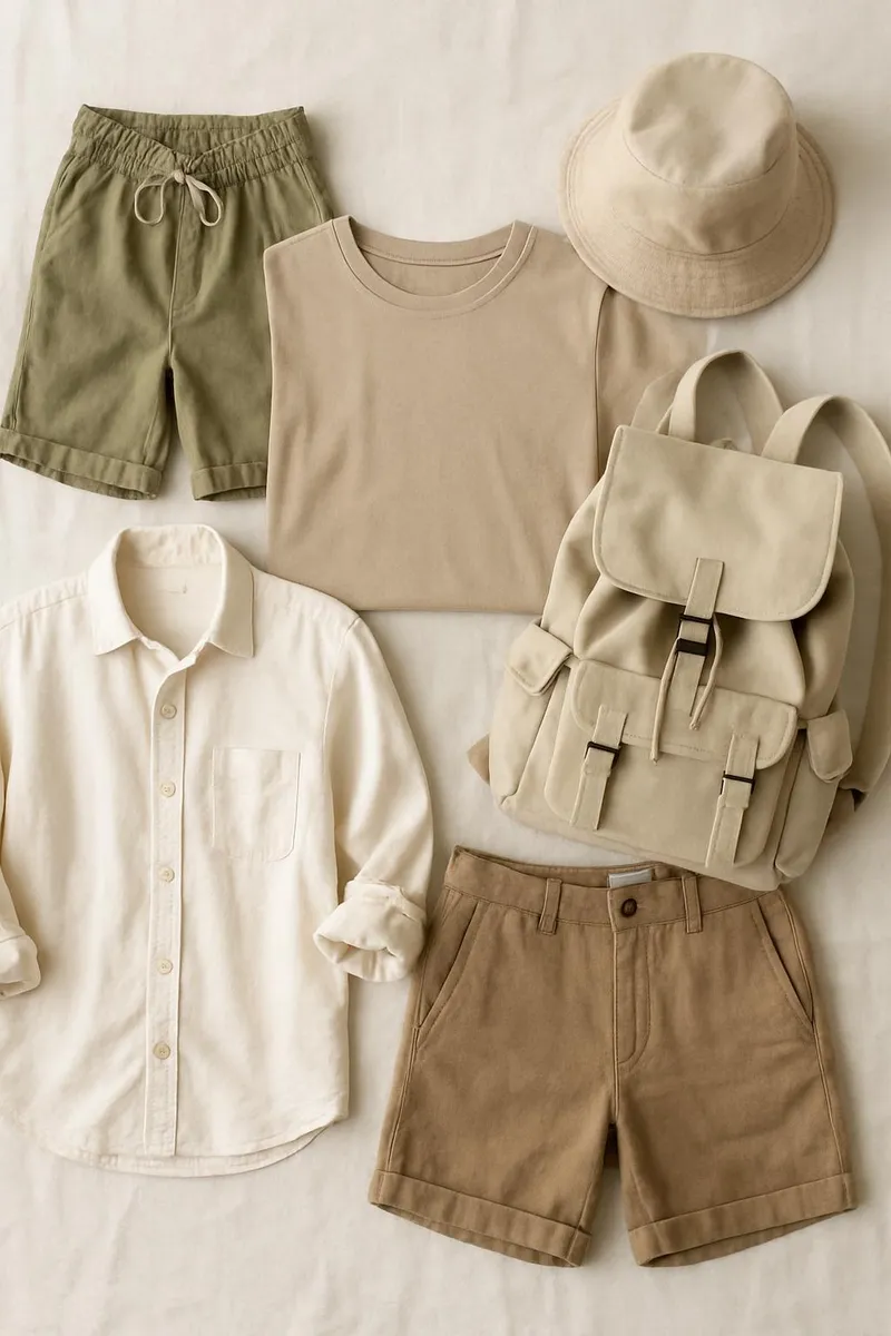 Eco-conscious travel clothes laid out in neutral tones