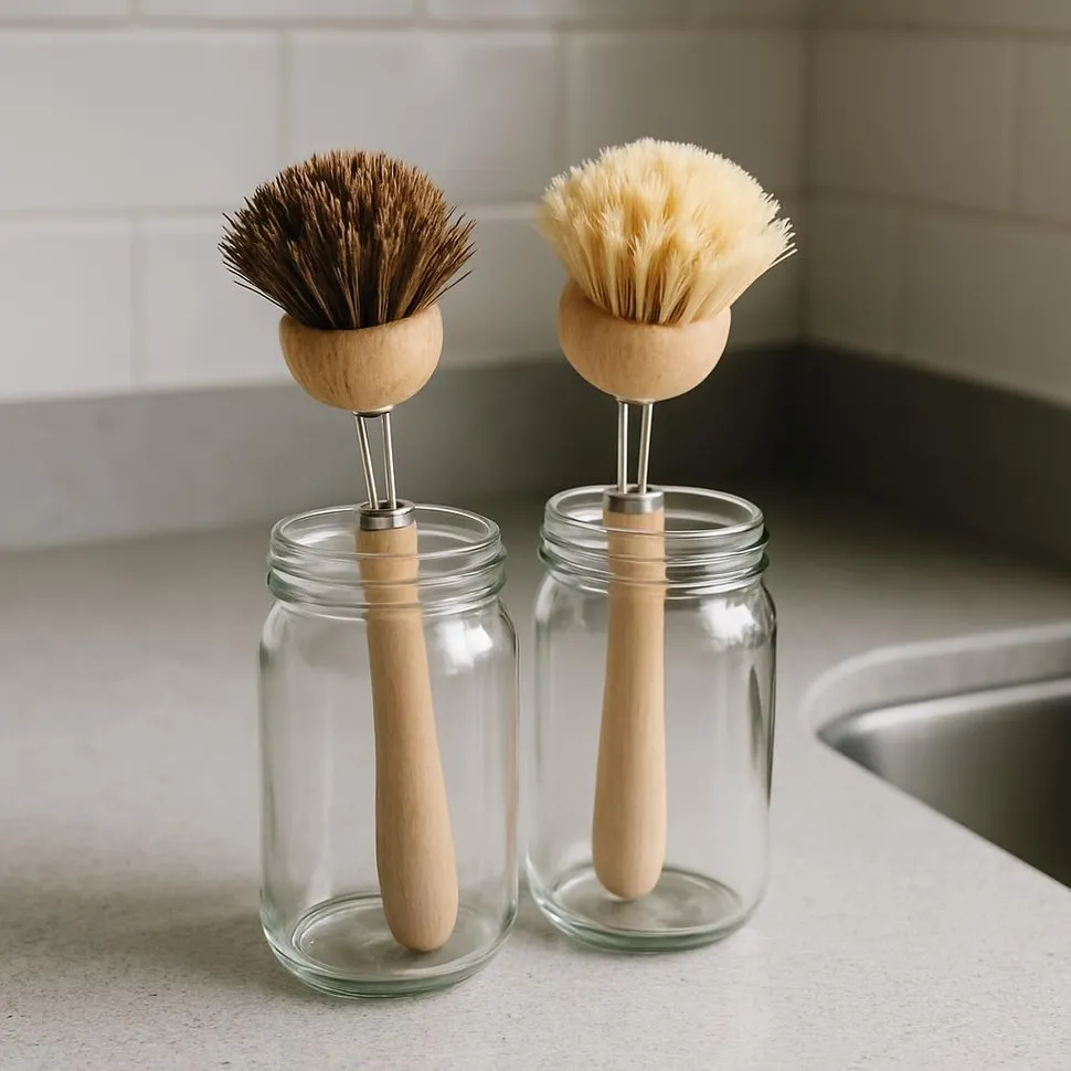 Eco dish brushes in glass jars on counter