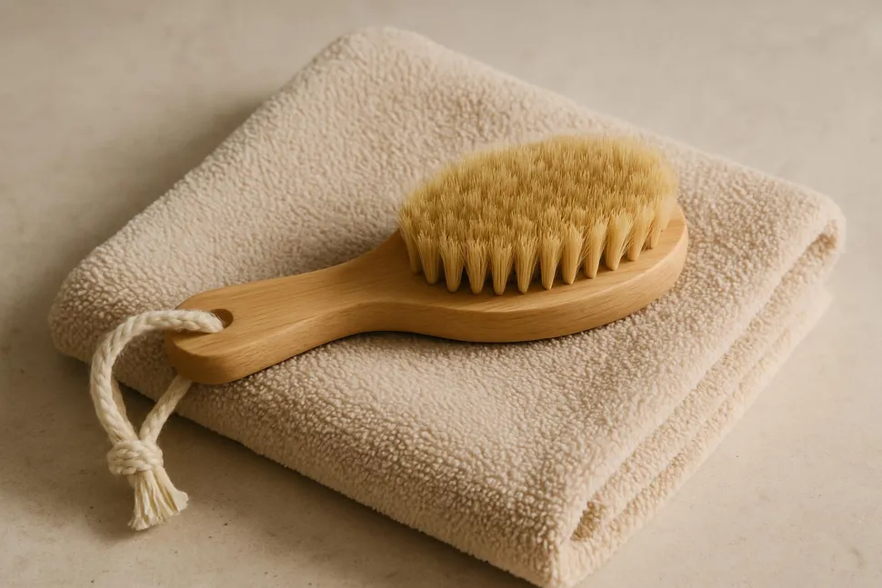 Eco-friendly bath brush on towel