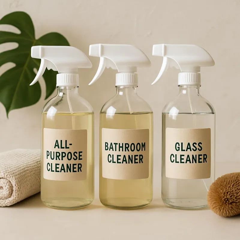 Eco-friendly cleaning products in glass spray bottles