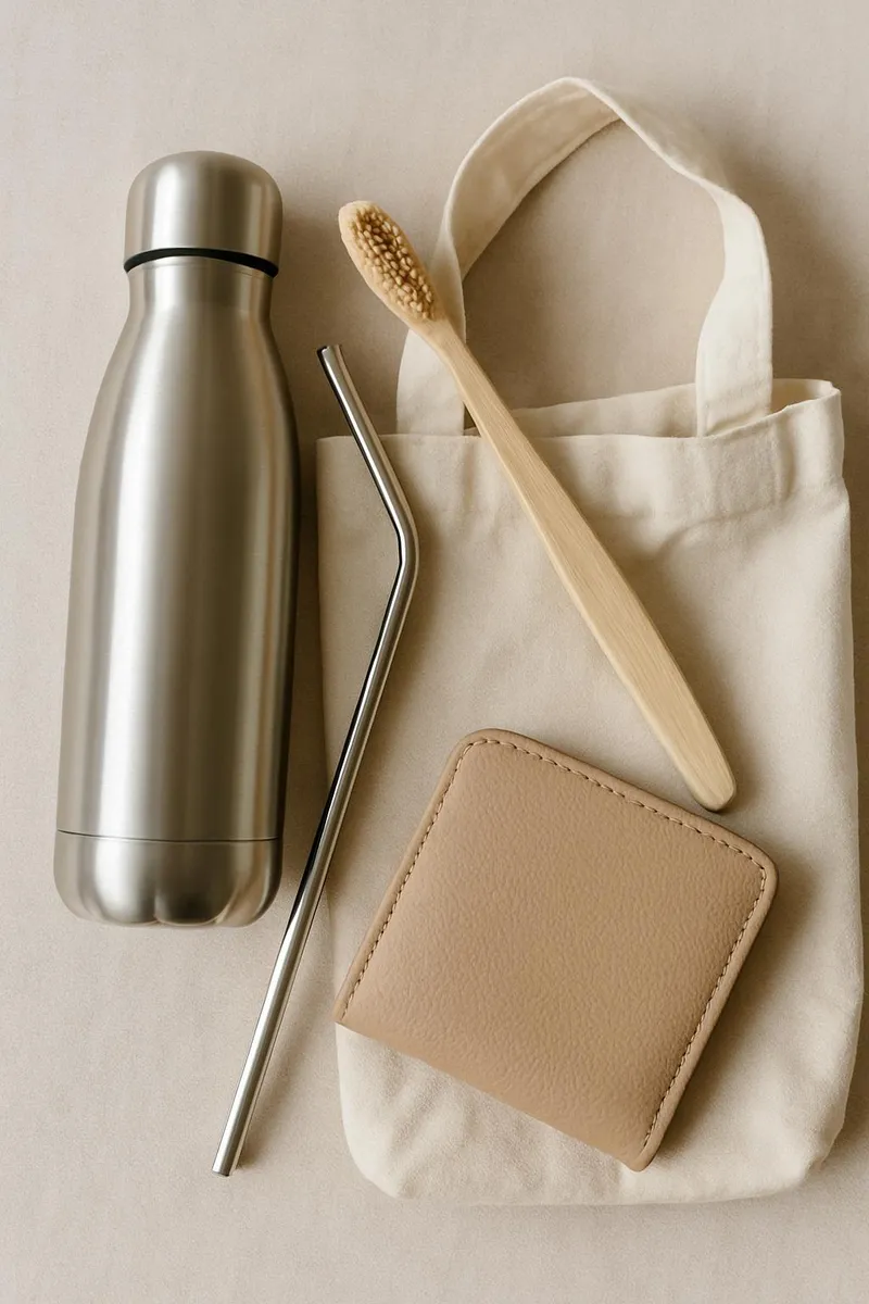 Eco-friendly purse items like bamboo toothbrush and metal straw