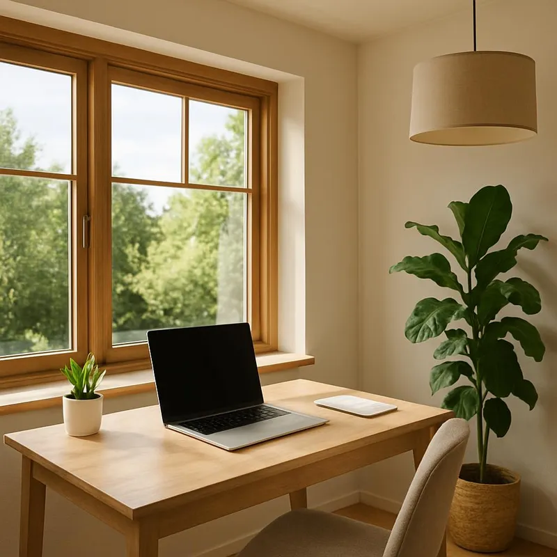 Energy-efficient home office with natural lighting and laptop
