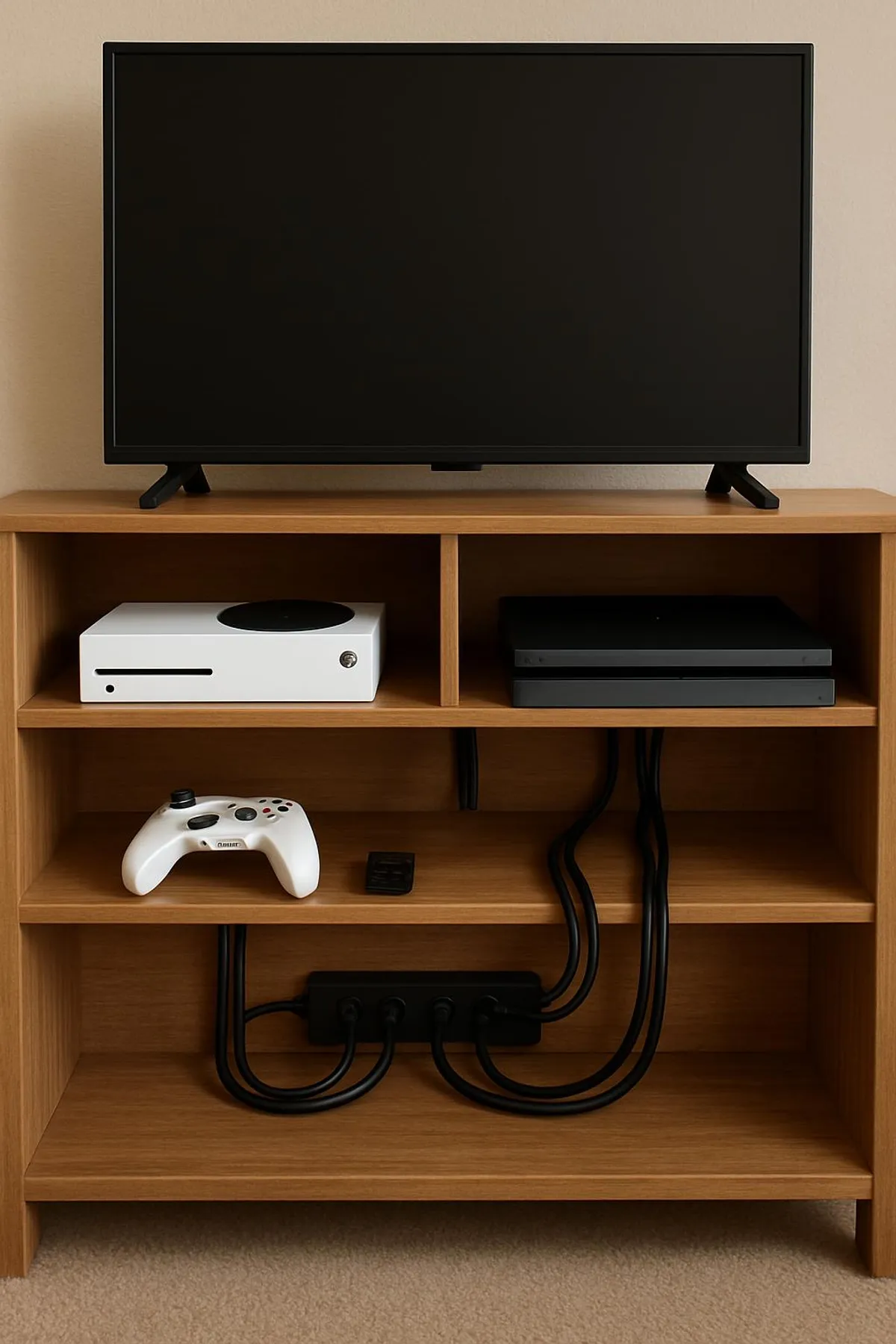 Entertainment center with neatly routed cables and game consoles