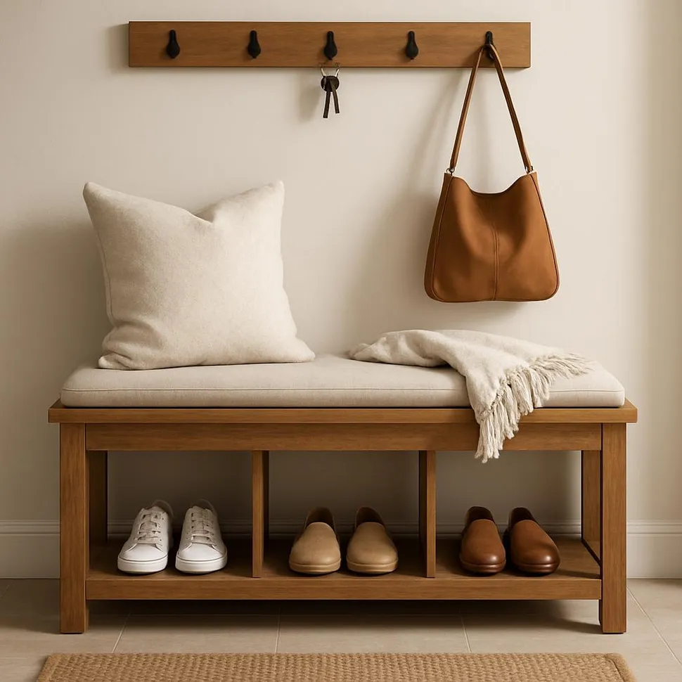 Entryway bench with cubbies and two pairs of shoes neatly stored