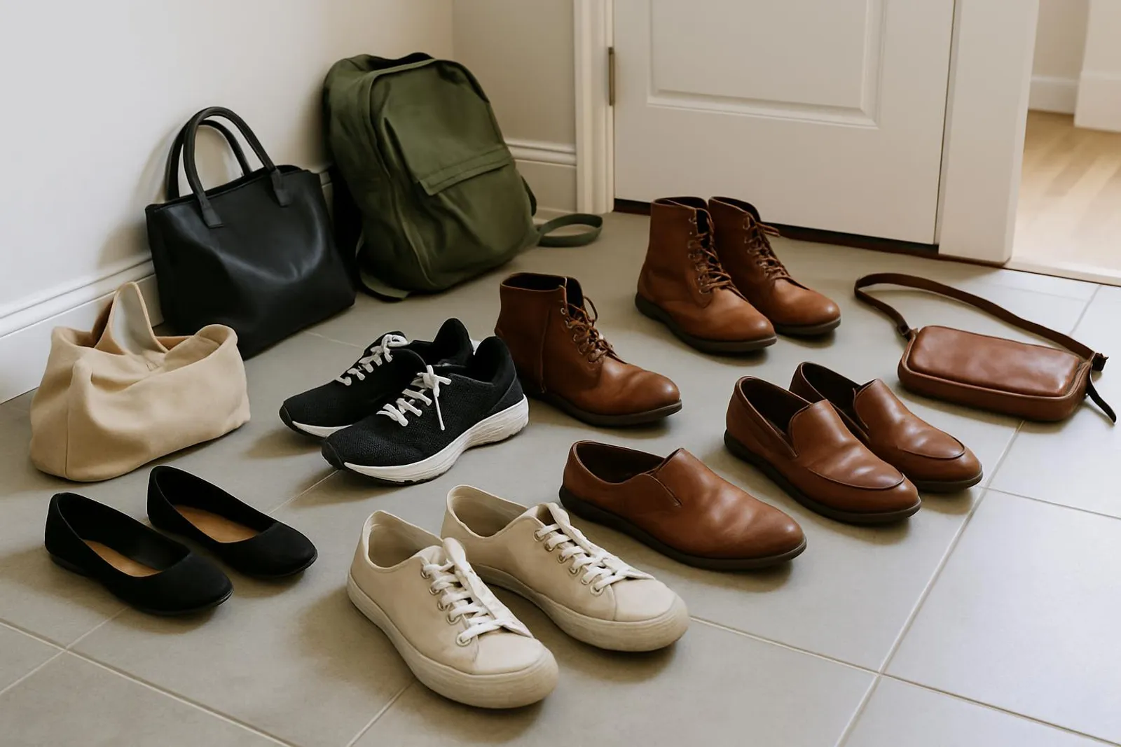 Entryway floor with scattered shoes and bags mid-declutter