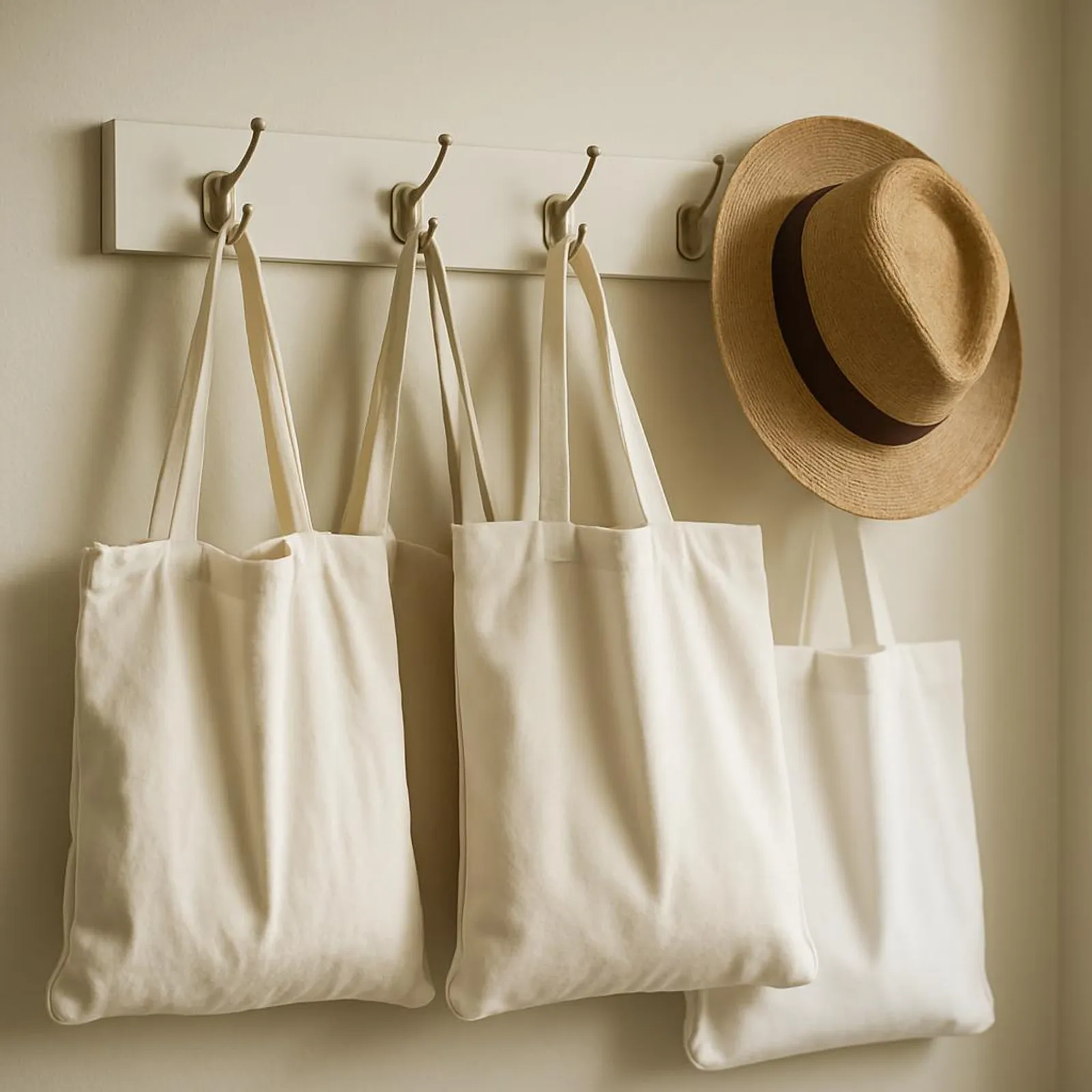 Entryway hook rail with reusable tote bags and a hat ready to grab and go
