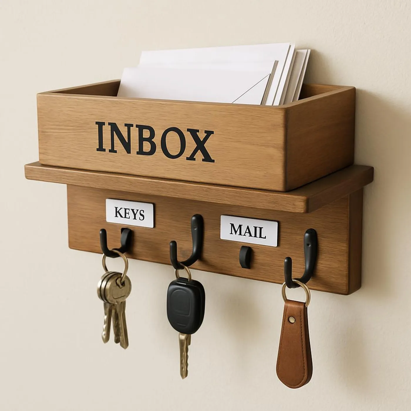Entryway shelf with a small inbox tray and labeled hooks for keys and mail.