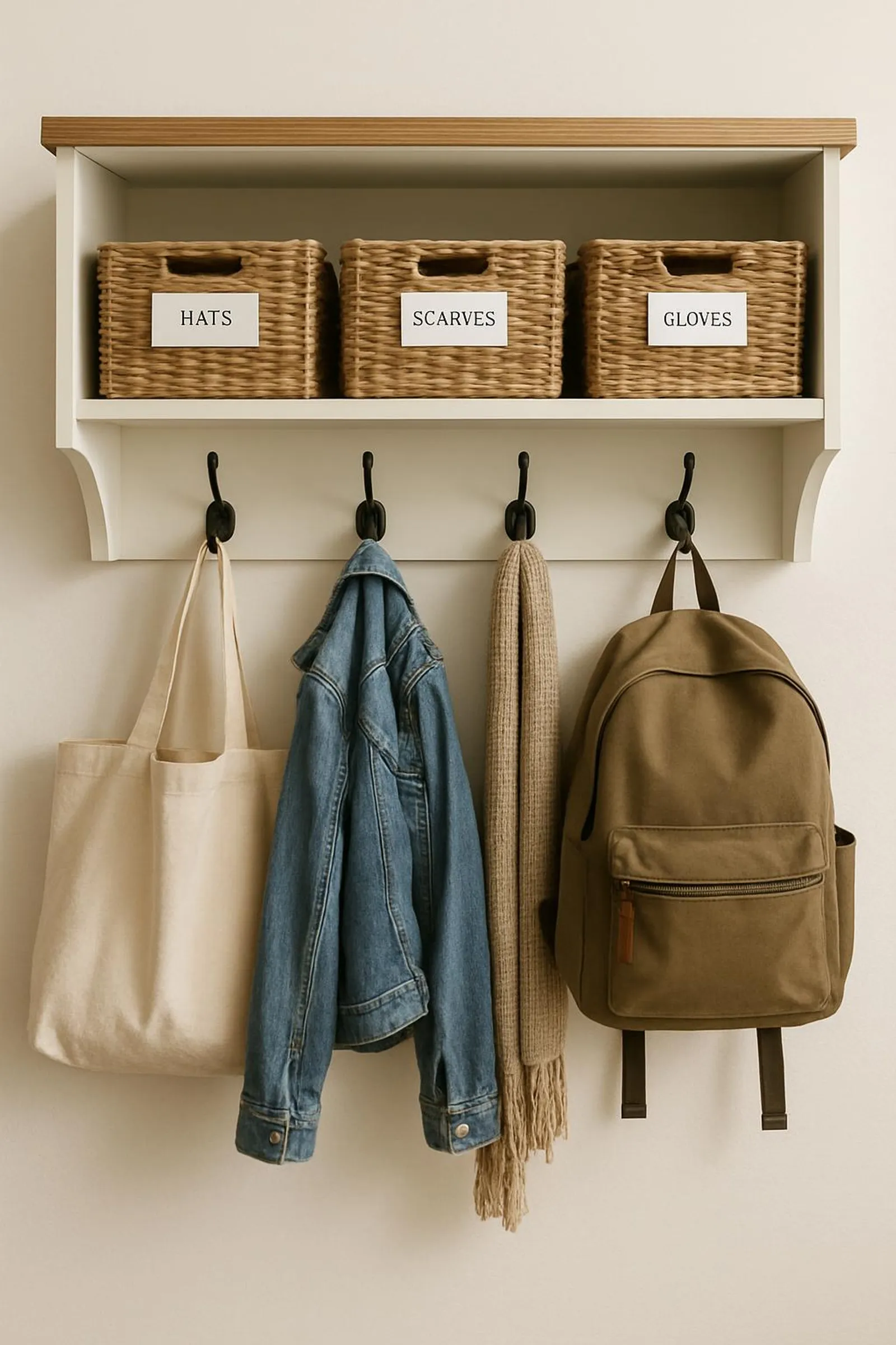 Entryway shelf with labeled bins and hooks ready for a quick weekly reset