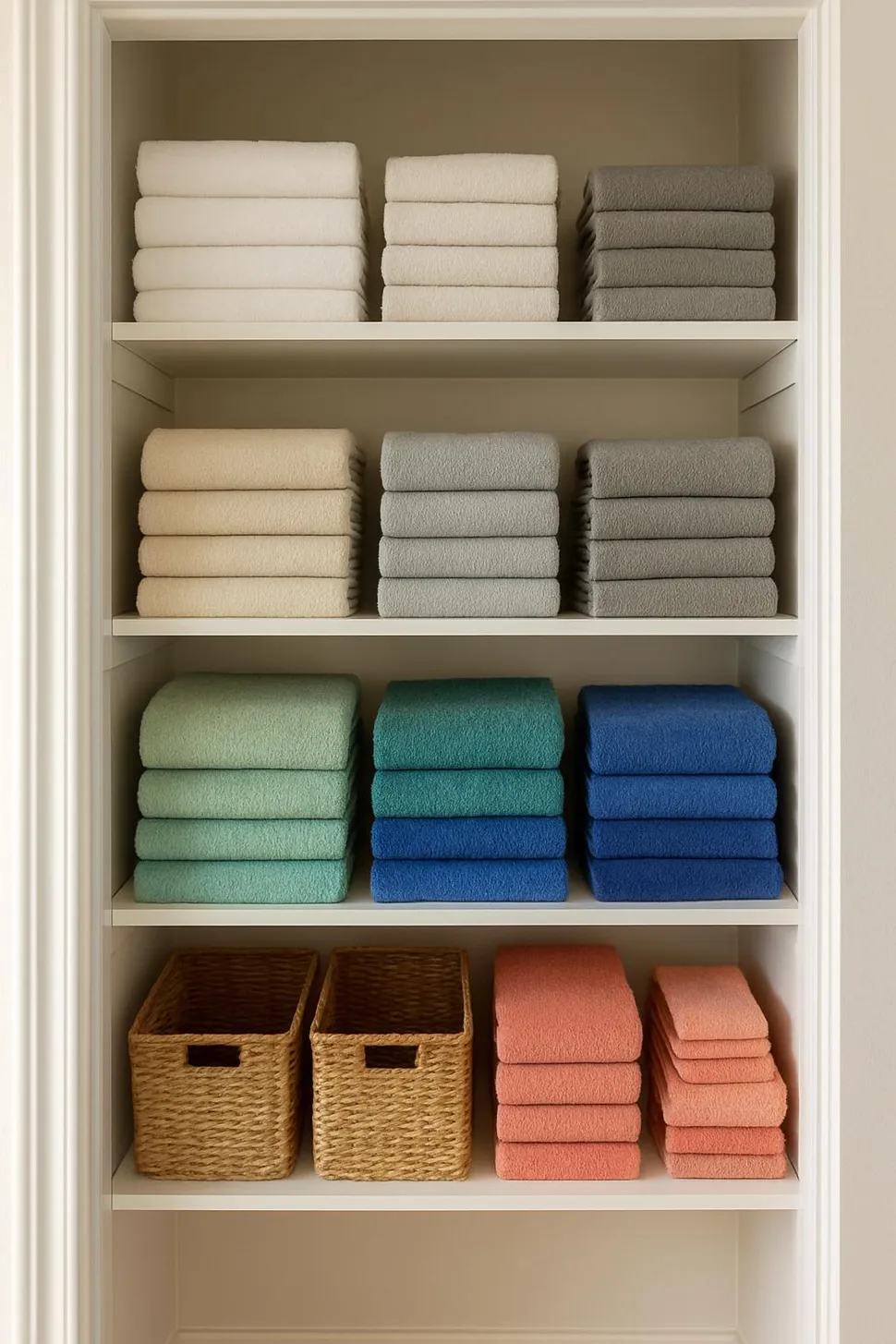 Family linen closet with color-coded towel stacks