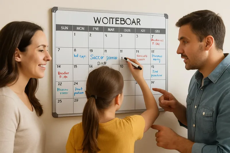 Family using a wall-mounted whiteboard calendar
